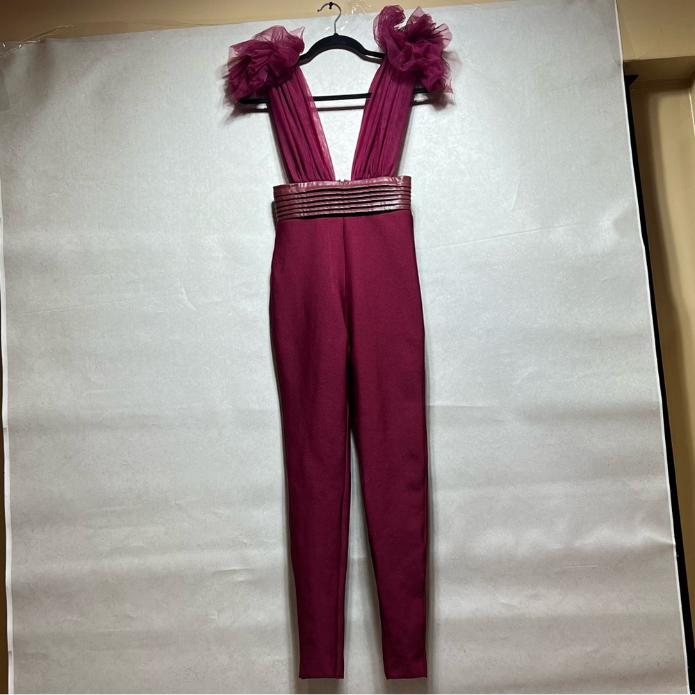 Fashion Nova Editorial Bandage Wine Jumpsuit, Size X-Small, NWT